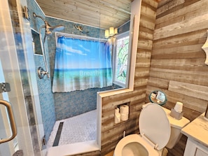 Shower, hair dryer, towels, soap