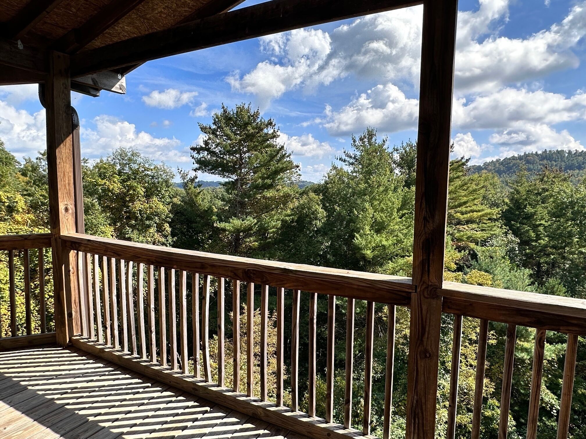 Une terrasse en bois avec une rambarde donnant sur une zone boisée.
