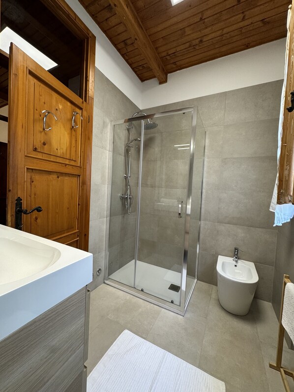 Une salle de bain moderne avec une douche à parois de verre, un lavabo blanc et un bidet.