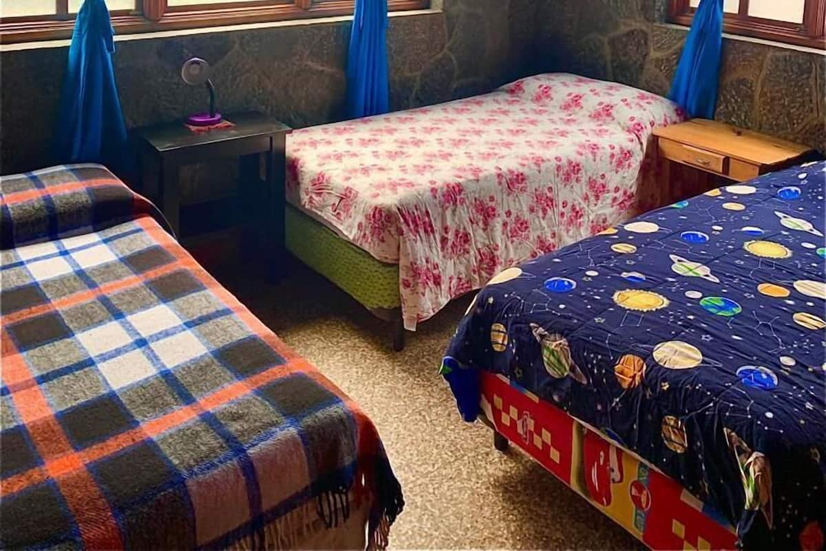 Una habitación con dos camas, una mesita pequeña y un ventanal con cortinas azules.