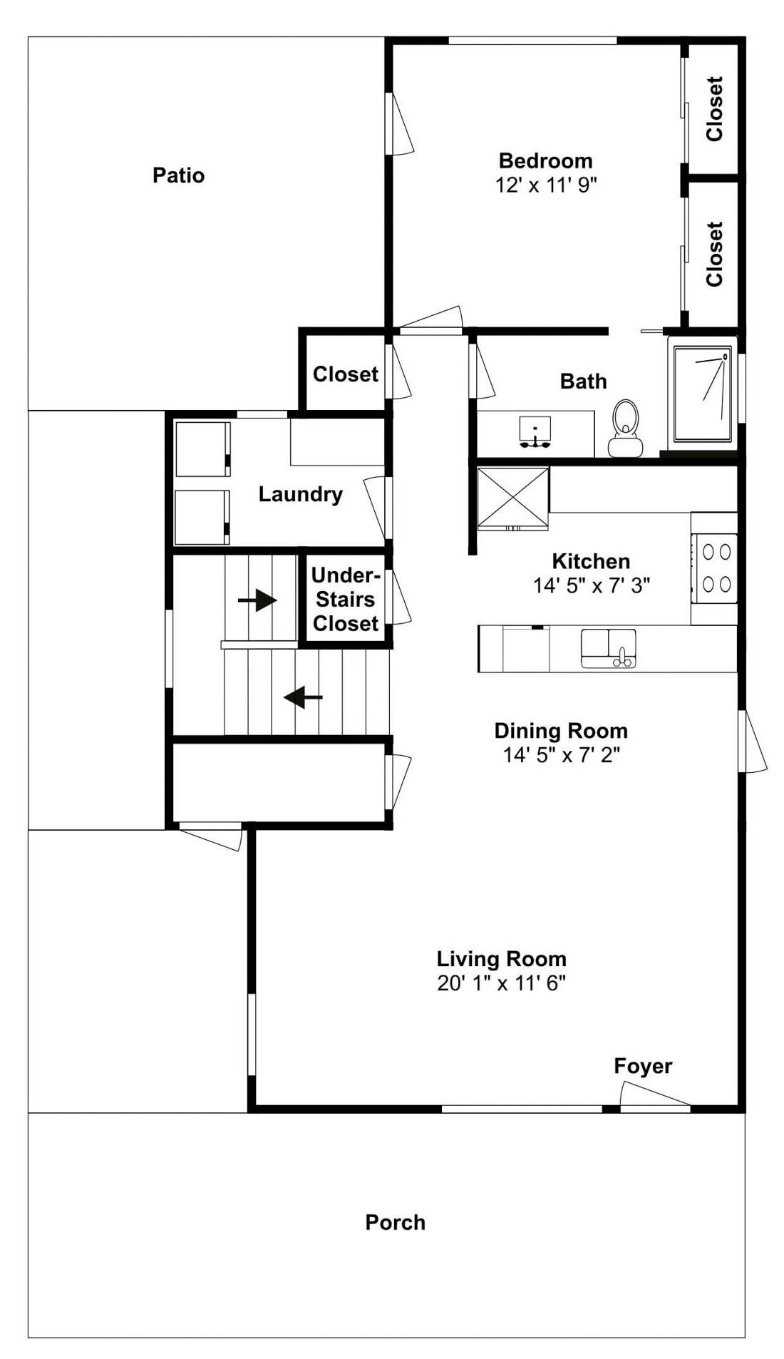 Plano de planta que muestra un patio, dormitorio, armario, lavandería, armario debajo de la escalera, cocina, comedor, sala de estar, vestíbulo y porche.