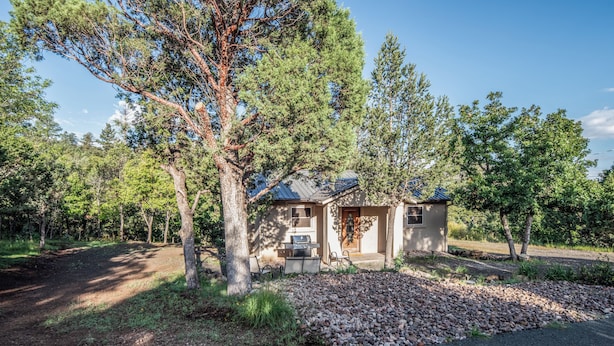 A single-story house with a sloped roof, surrounded by trees and a gravel driveway. - Mountain Flo by Ruidoso Vacation Rentals (Alto)
