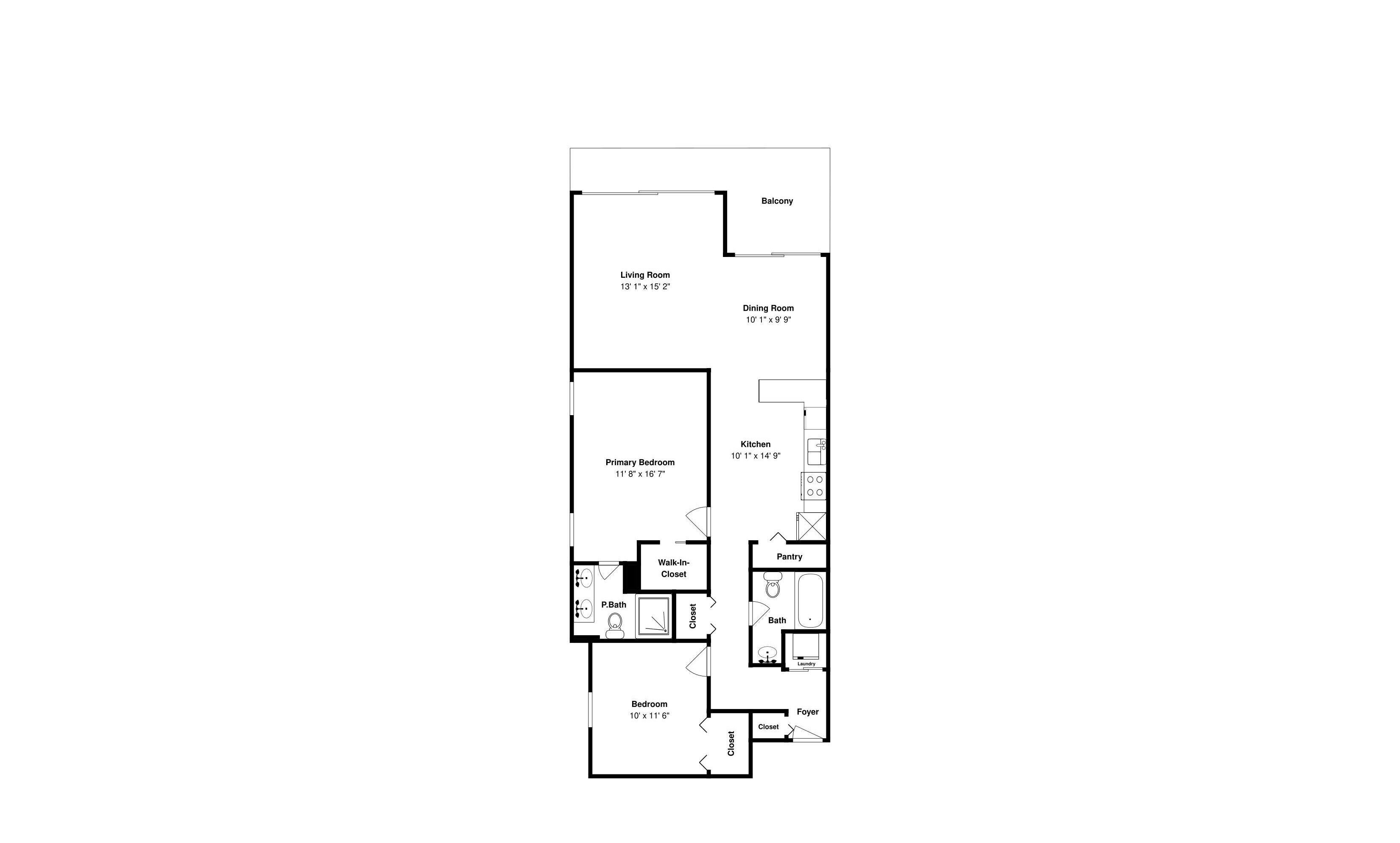 A floor plan of a hotel room with a balcony, living room, dining room, kitchen, primary bedroom, secondary bedroom, walk-in closet, P.Bath, bathroom, and foyer.