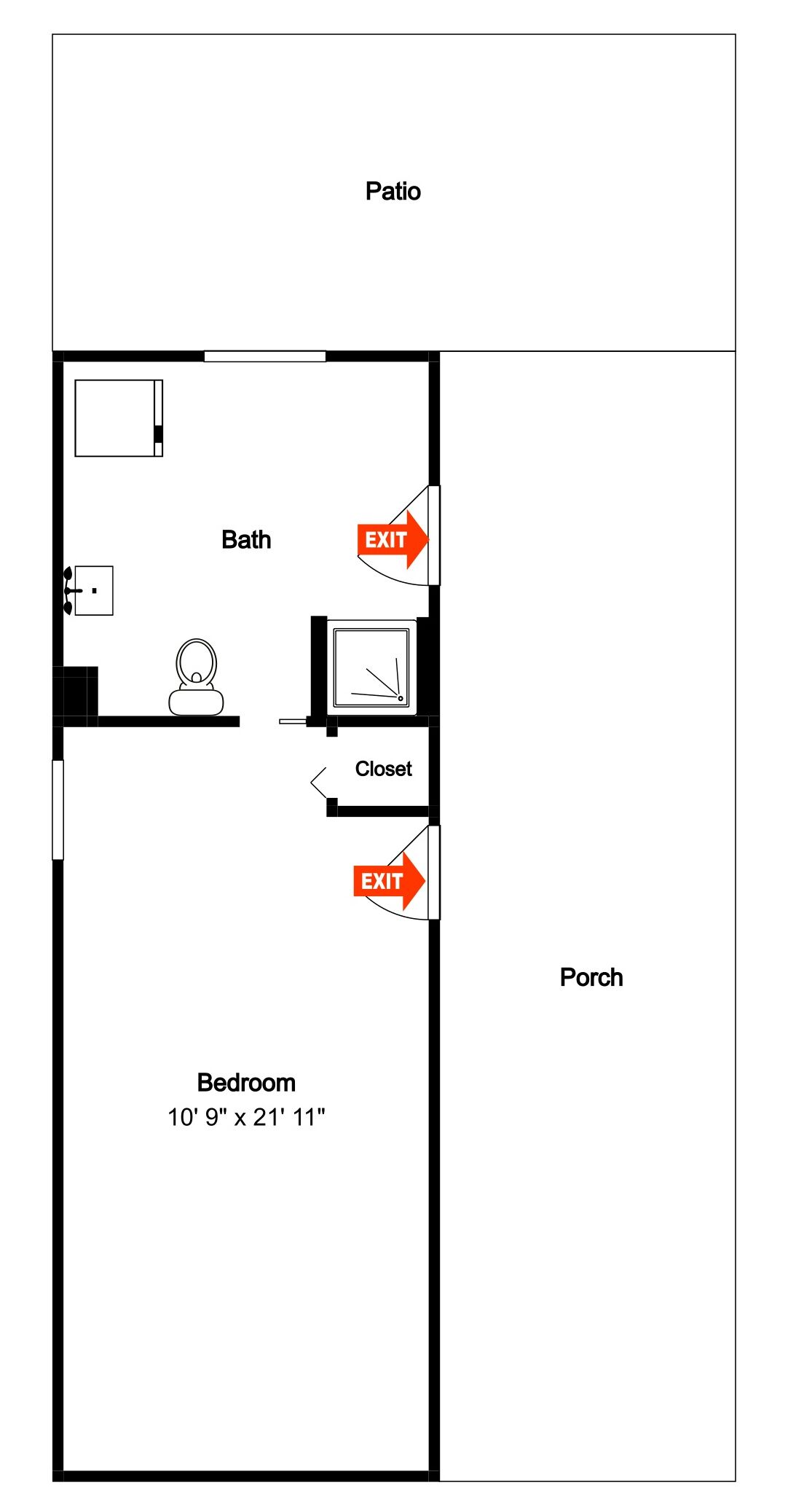 A floor plan with a bedroom measuring 10' 9' x 21' 11', a bathroom, and an exit.