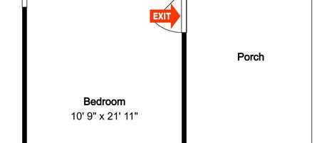 A floor plan with a bedroom measuring 10' 9' x 21' 11', a bathroom, and an exit.