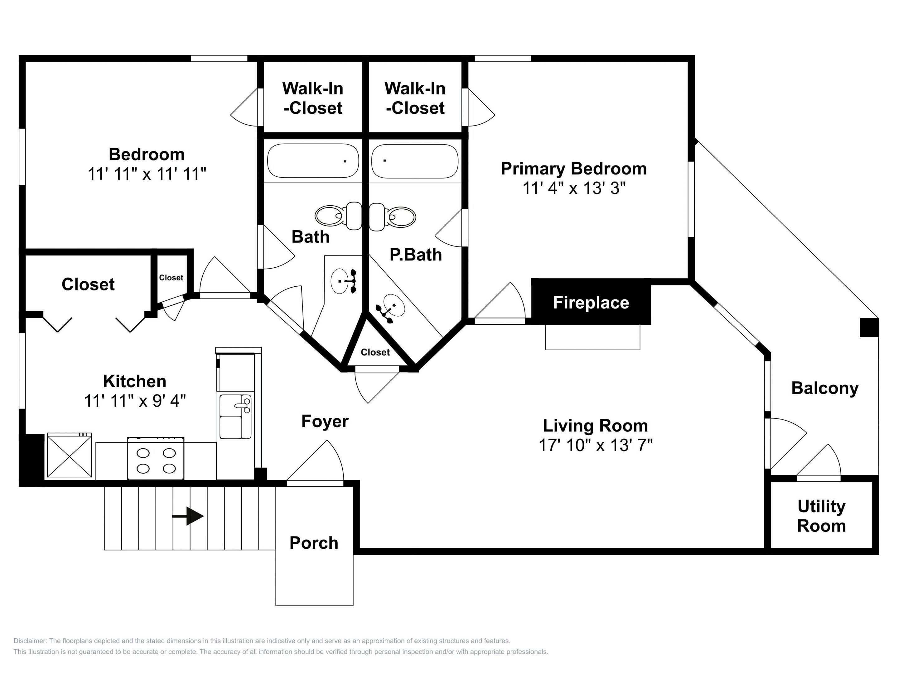 Plattegrond met een slaapkamer, hoofdslaapkamer, keuken, woonkamer, balkon, berging, hal en een veranda.