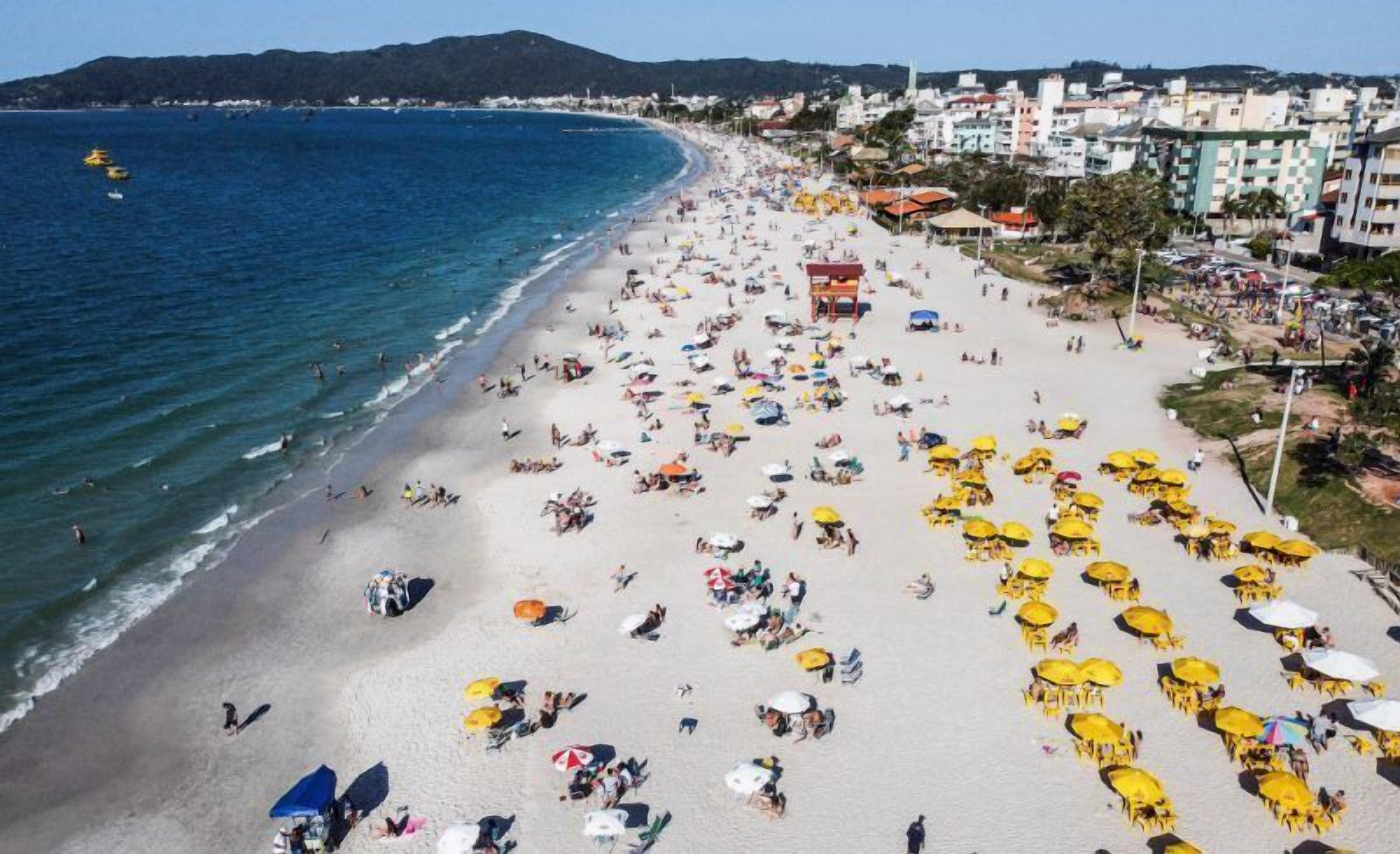 A crowded beach with numerous yellow umbrellas and people sunbathing.