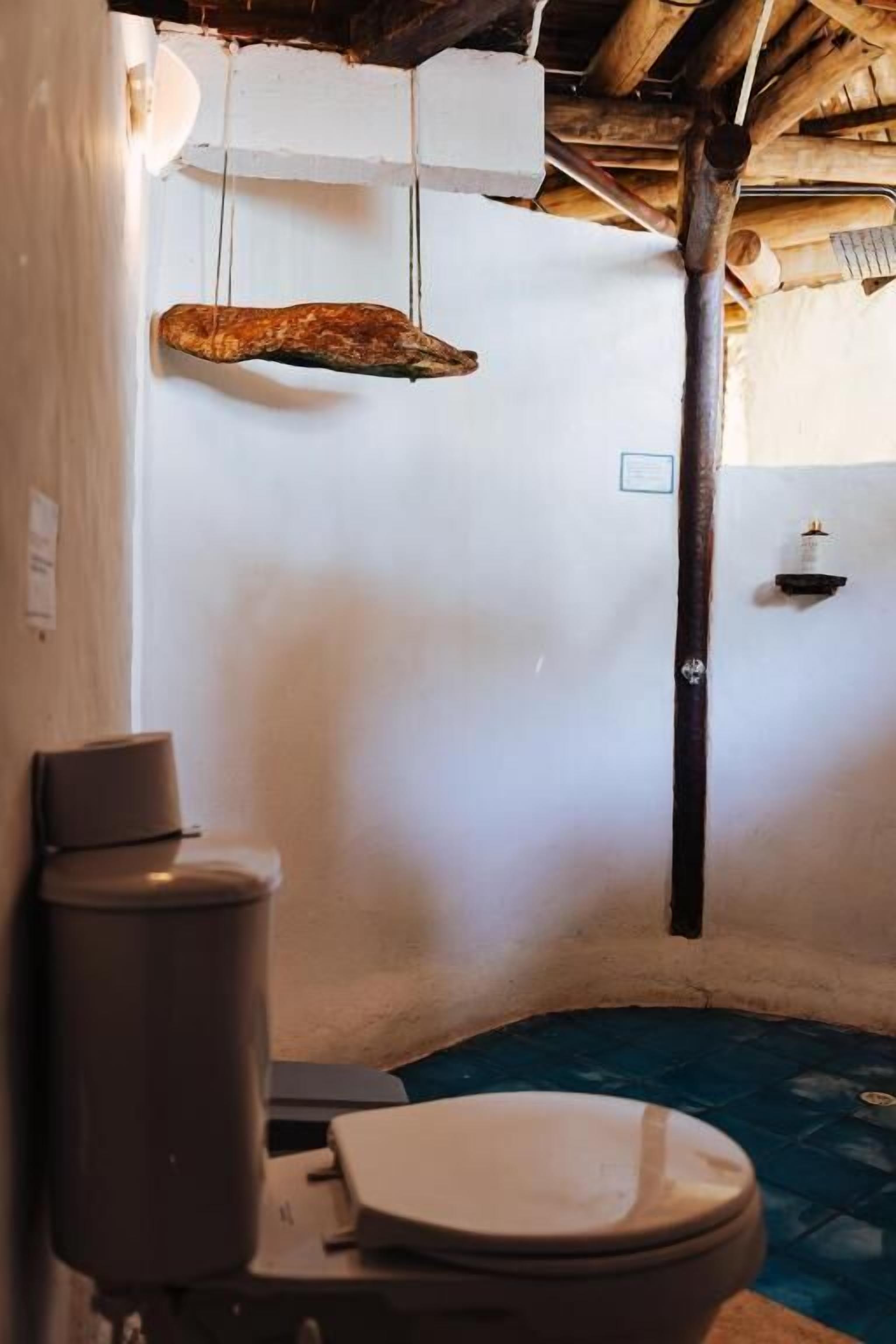 Un baño rústico con un adorno de madera colgante, un inodoro y un pequeño estante.