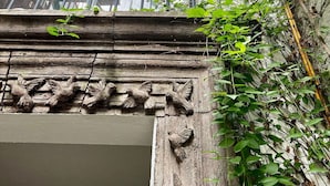 Facciata di un edificio con una finestra, una scultura in pietra raffigurante uccelli e piante rampicanti.