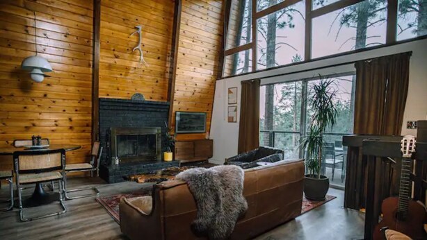 Ein gemütliches Wohnzimmer mit Kamin, Holzwänden und großen Fenstern.