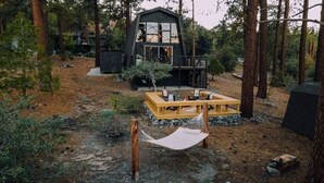 Eine Hütte mit einer Veranda, umgeben von Bäumen und einer Hängematte.