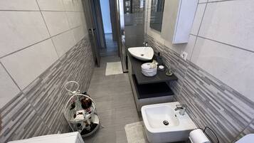 Shower, hair dryer, bidet, towels