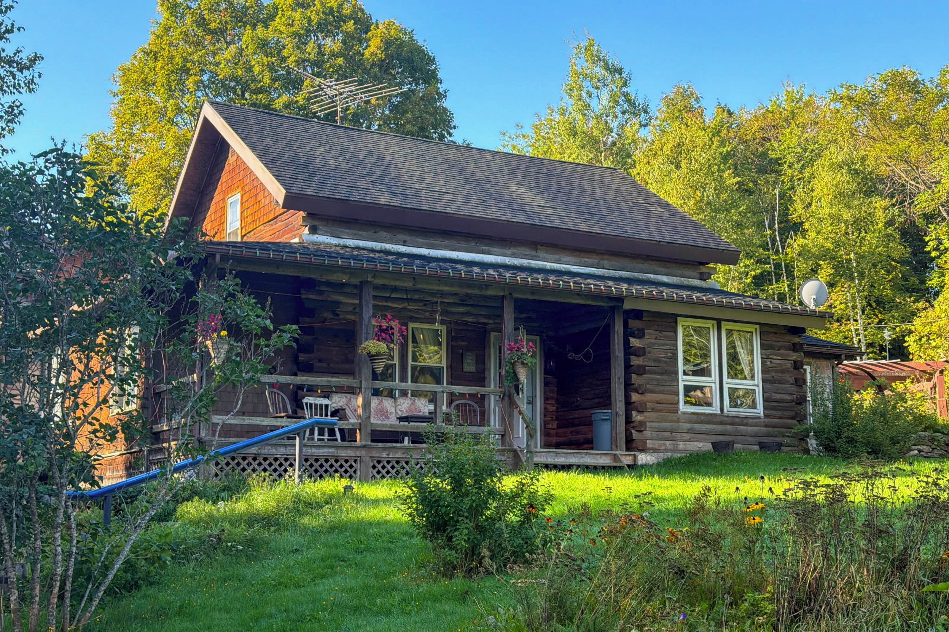 A log cabin with a porch, surrounded by greenery and trees.
