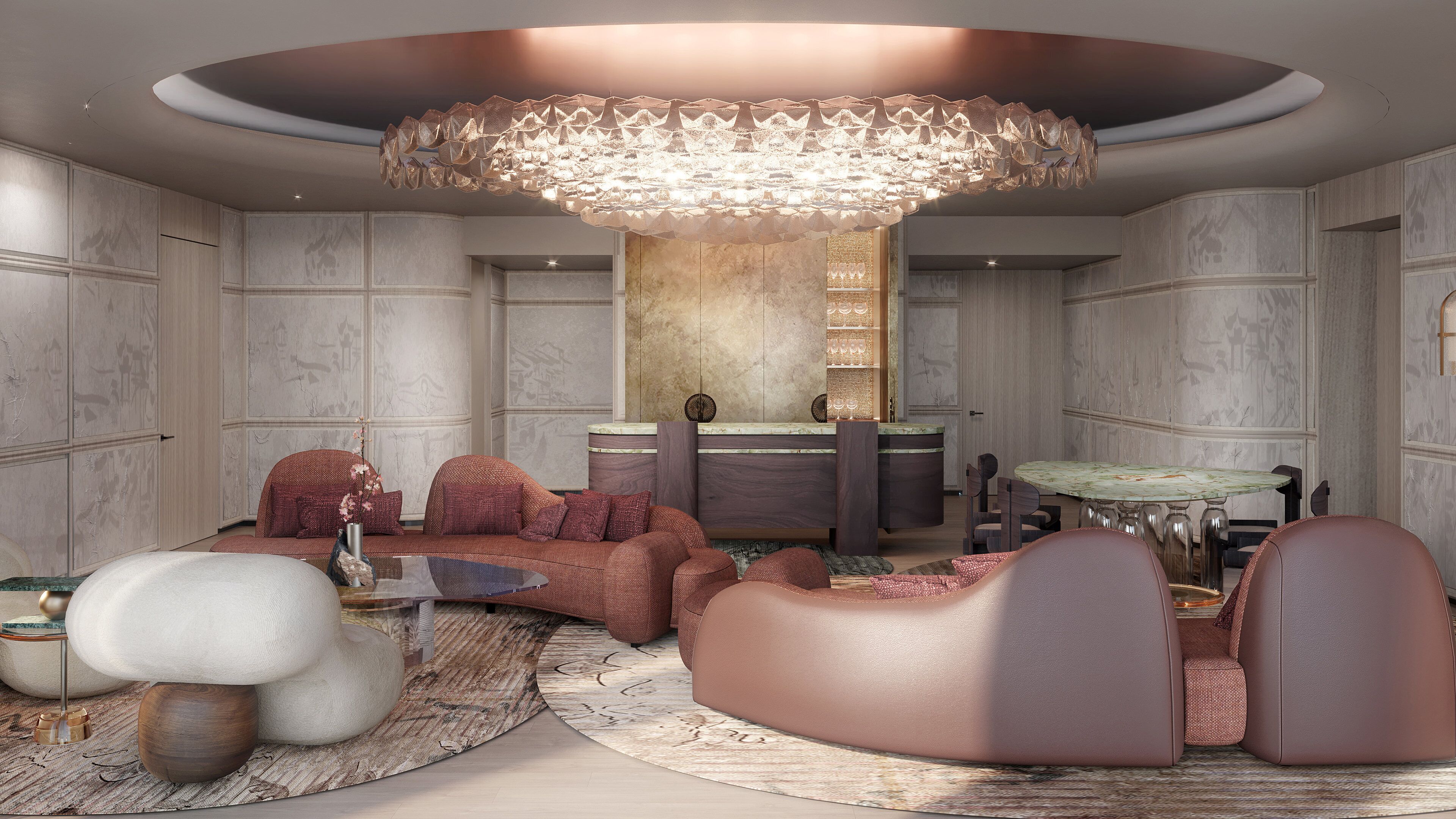 A luxurious room with a large, ornate chandelier, plush seating, and a marble-topped table.