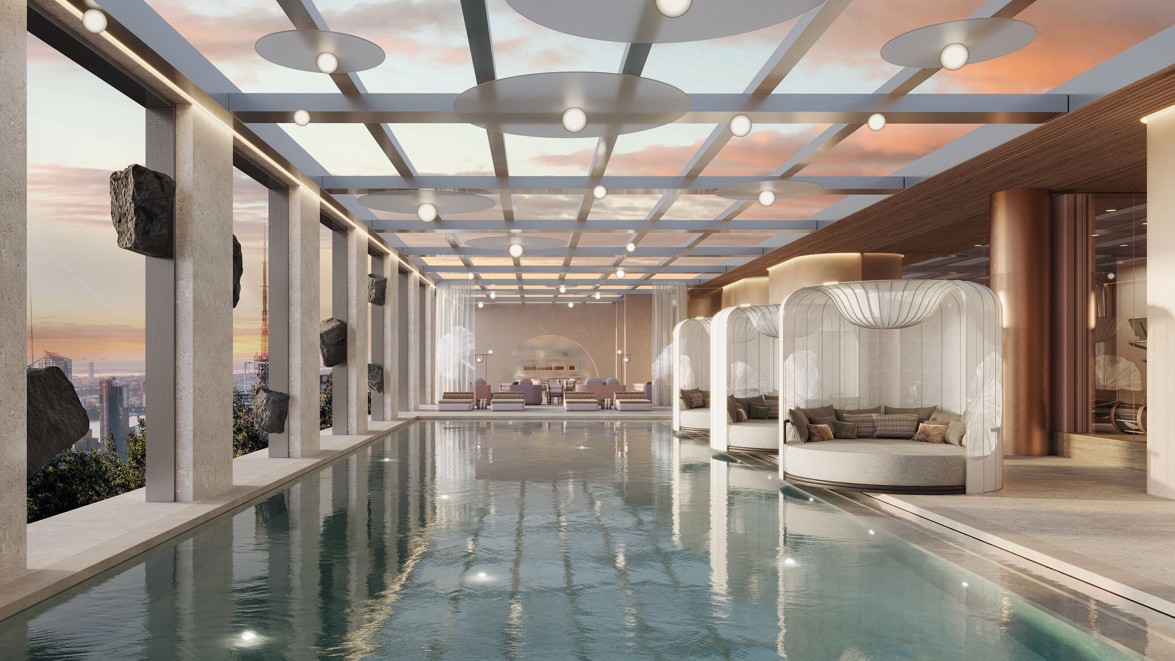 Un espace piscine intérieur moderne offrant une vue dégagée sur les gratte-ciel de la ville, un salon avec des sièges confortables et un bar.