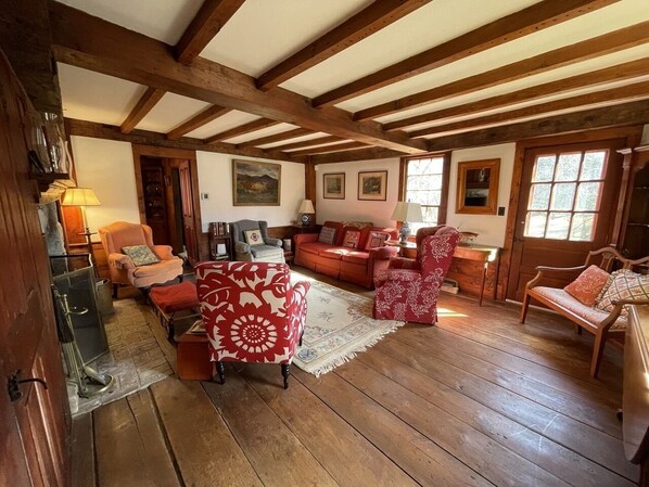 Smart TV, fireplace, books, computer monitors