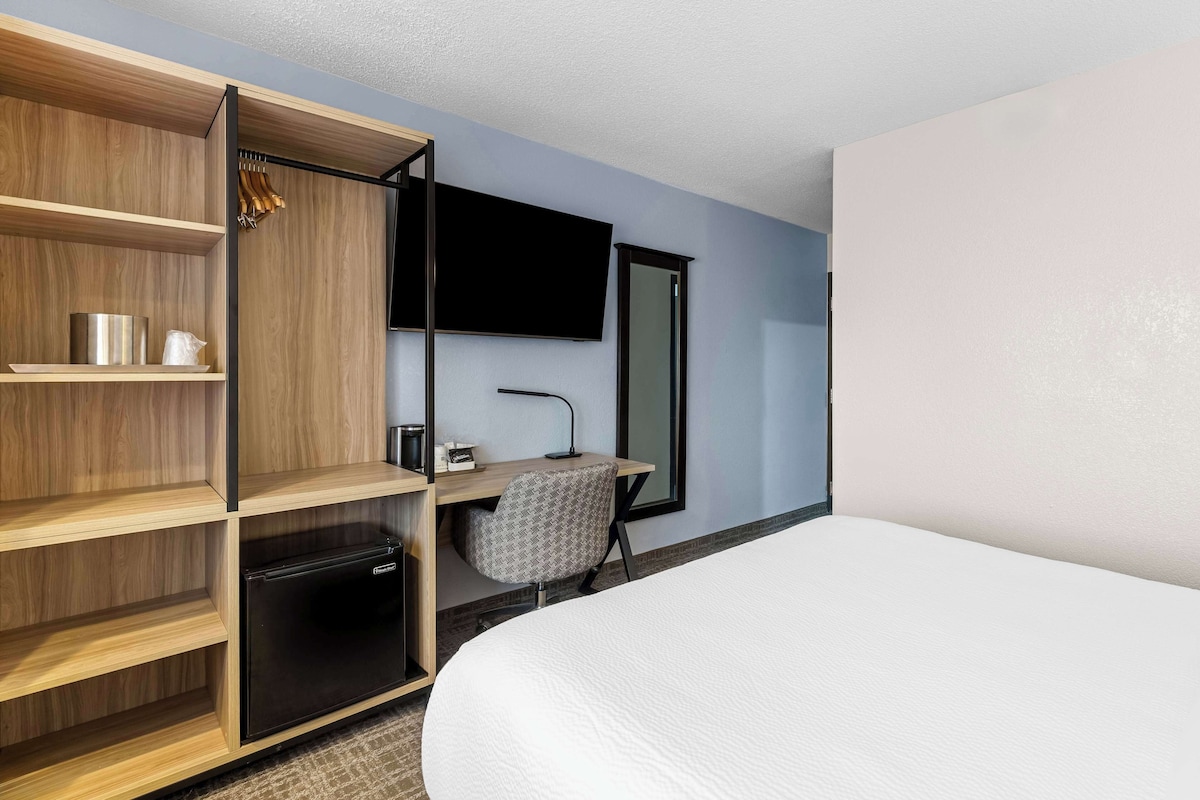 Une chambre d’hôtel comprenant un lit, un bureau avec une chaise, une télévision, une armoire et un petit réfrigérateur.