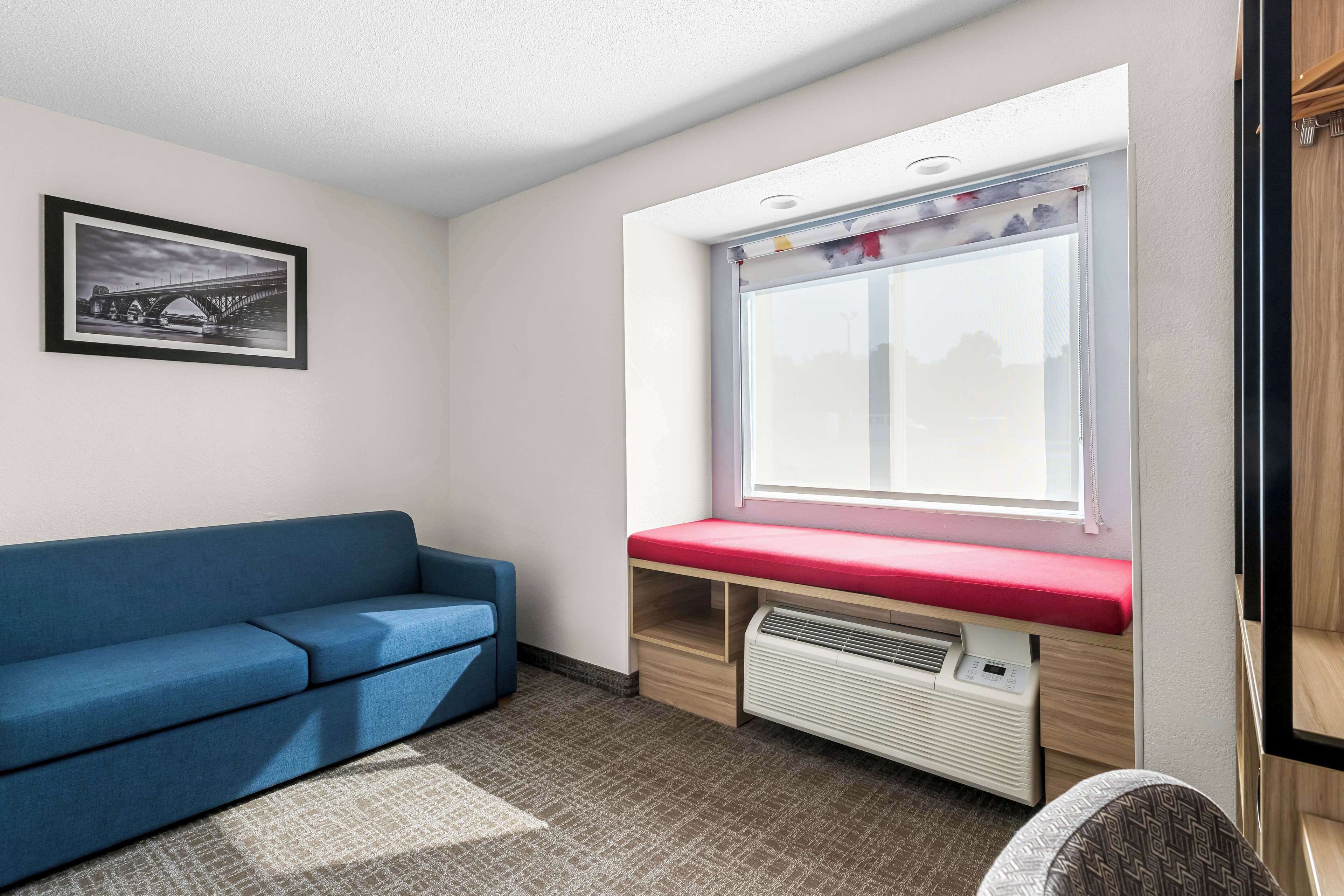 A room with a blue sofa, a window with a red cushion, a radiator, and a framed picture on the wall.