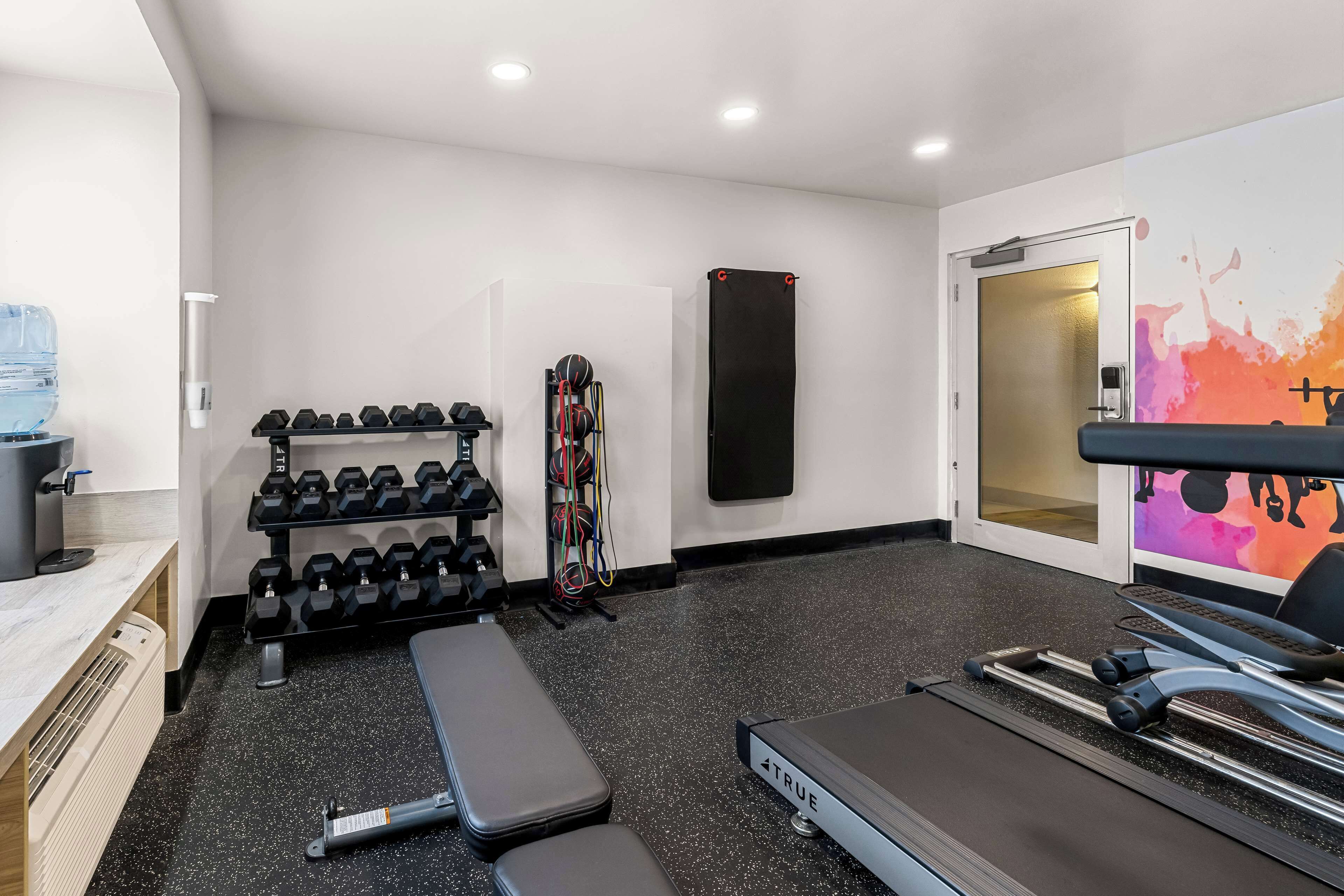 Une salle de sport équipée d’un tapis de course, d’haltères et d’un banc de musculation.