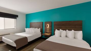 Premium bedding, desk, laptop workspace, iron/ironing board