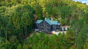 Una casa grande y oscura con techo verde, rodeada de un bosque denso.