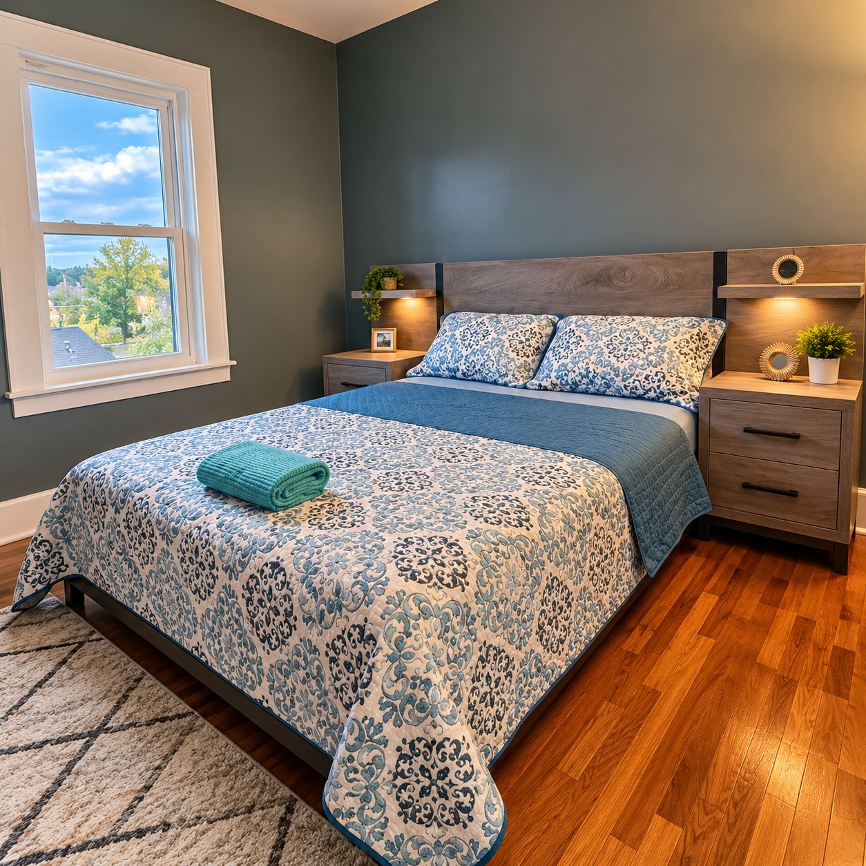 A bedroom with a bed, nightstands, a window, and a view of the outdoors.