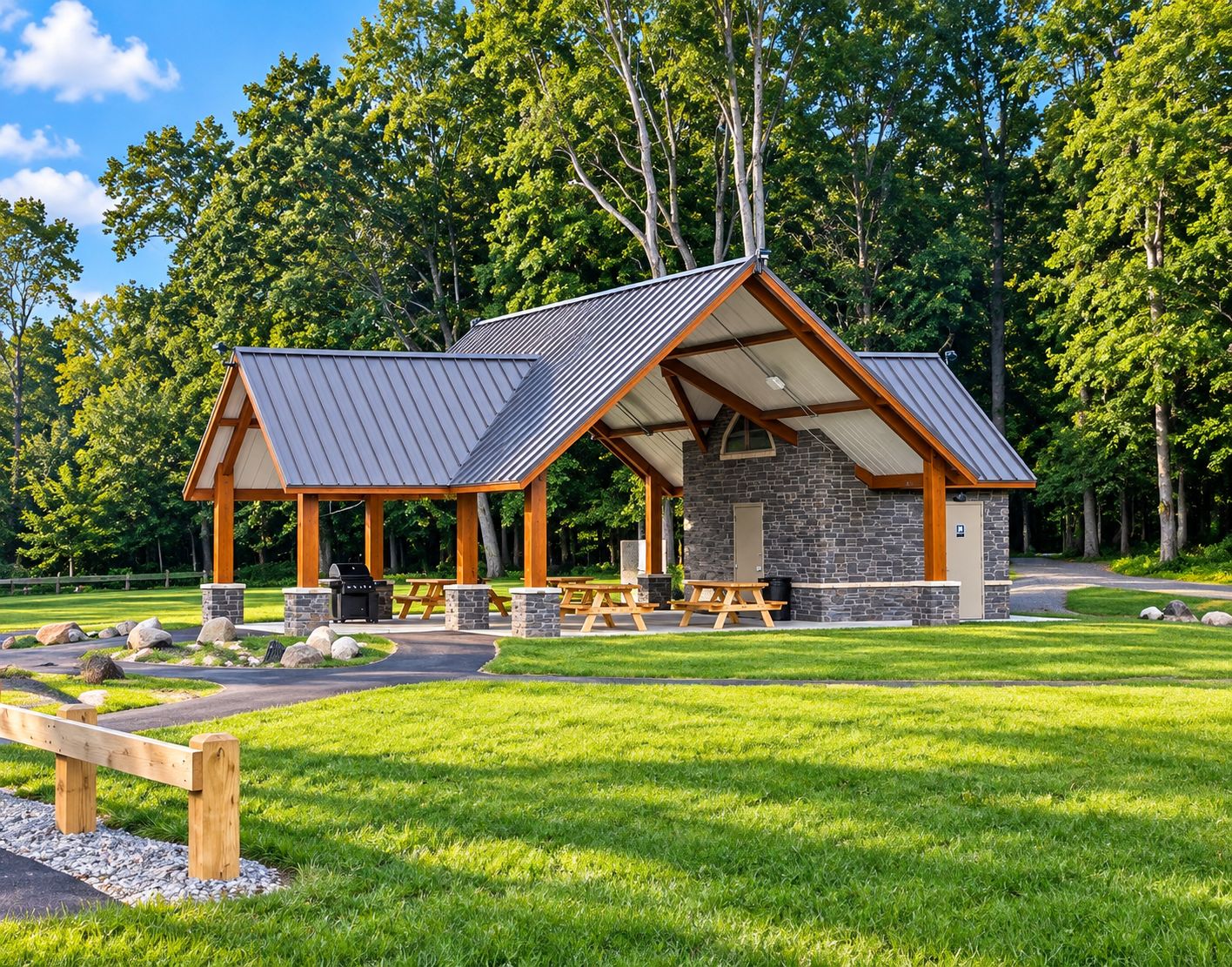 A rustic outdoor pavilion with picnic tables and a barbecue area, surrounded by a well-maintained lawn and trees.