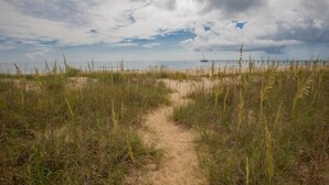 A sandy path leading to a beach with overcast skies. - Harshaw Beach House - North End Oceanfront (Virginia Beach)