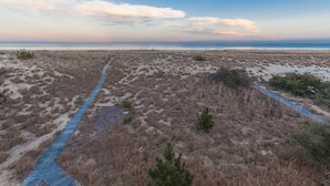 Un sentier côtier menant à la plage, avec une végétation clairsemée et un ciel dégagé.