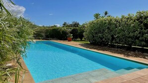 A rectangular swimming pool with clear blue water, surrounded by a tiled deck and lush greenery.