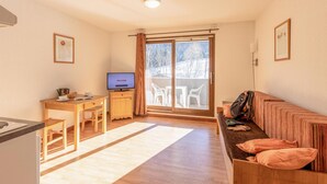 A cozy room with a wooden desk, a television, a sofa, and a view of a snowy landscape through a glass door. - Nice apartment in Saint-Pancrace with sauna (Saint-Pancrace)