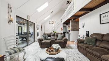 Smart TV, fireplace, video games, foosball