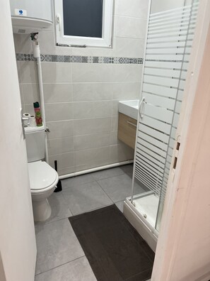 Douche, séchoir à cheveux, serviettes fournies, savon