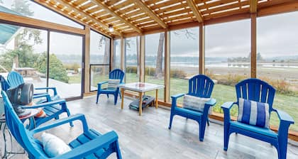 Waterfront home with beach access, firepit, fireplace, water views, grill, dock