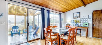 Waterfront home with beach access, firepit, fireplace, water views, grill, dock