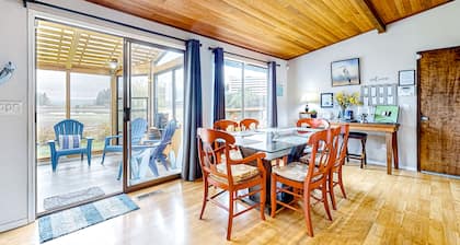 Waterfront home with beach access, firepit, fireplace, water views, grill, dock