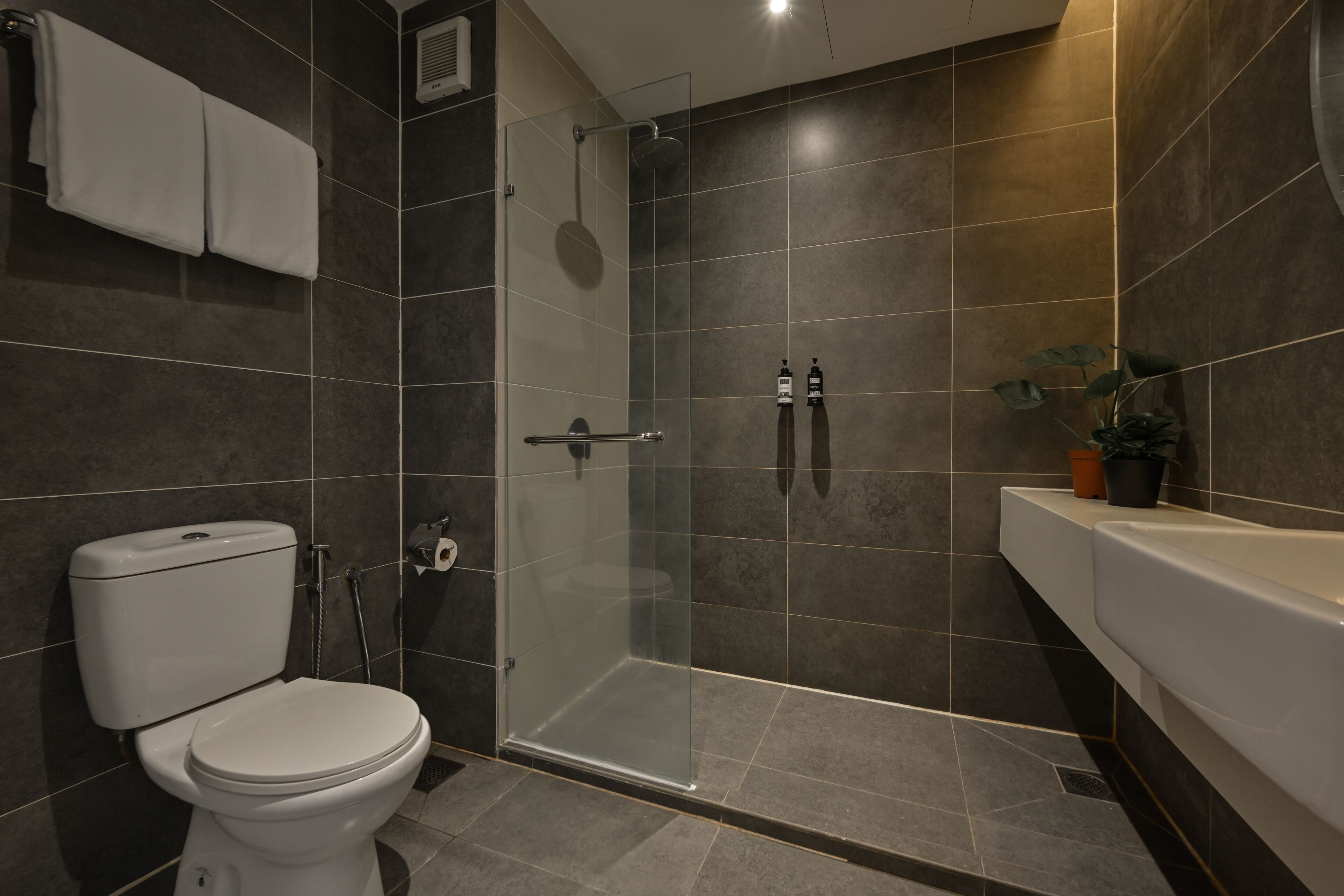 Un baño moderno con inodoro, ducha y lavamanos.
