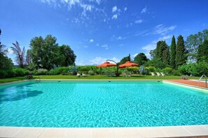 Une piscine d’un bleu éclatant, bordée d’une terrasse carrelée et entourée d’une végétation luxuriante et d’arbres.
