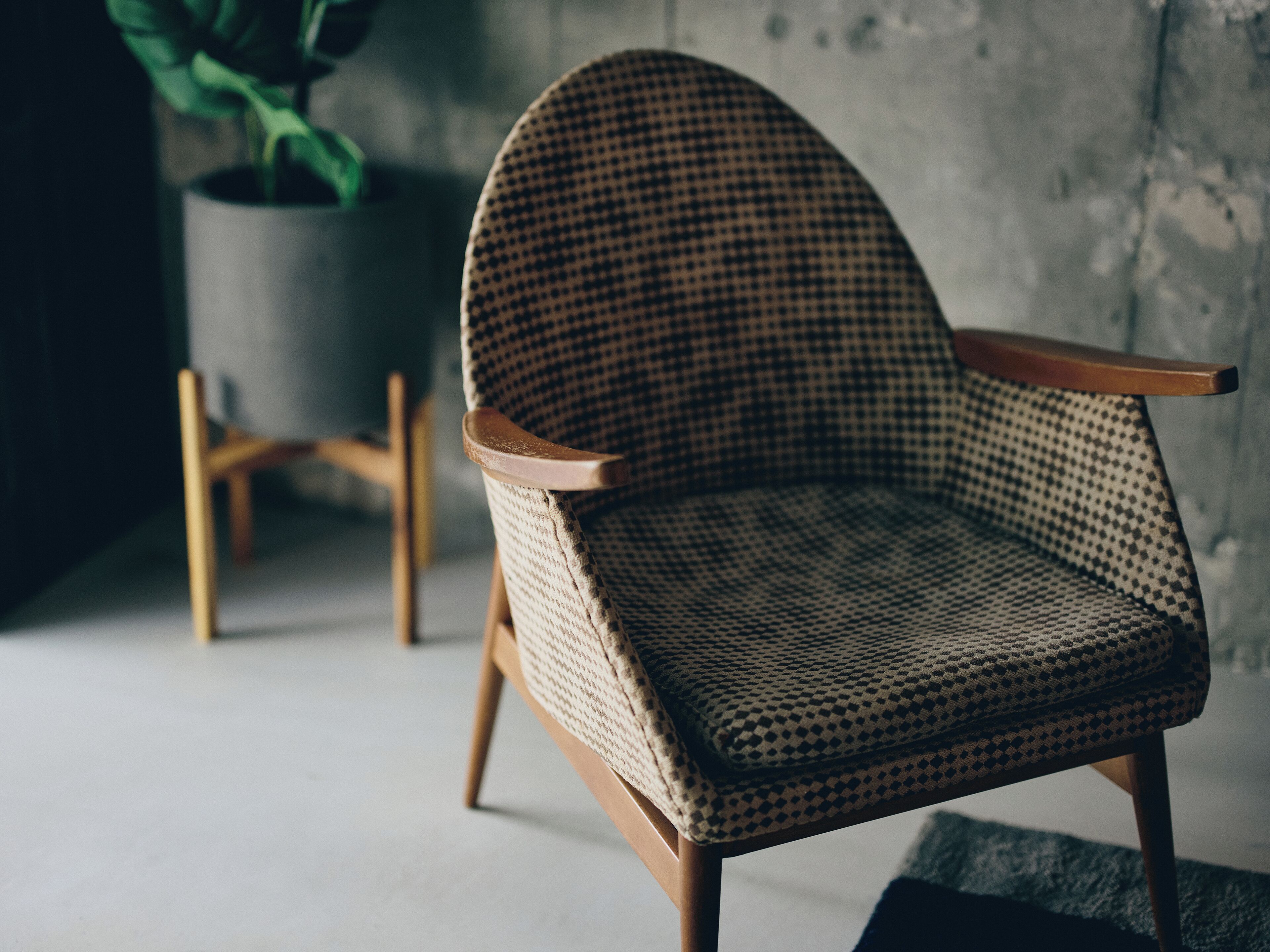 Una silla con estampado de cuadros y reposabrazos de madera, ubicada en una habitación con pared de hormigón y una planta en maceta al fondo.