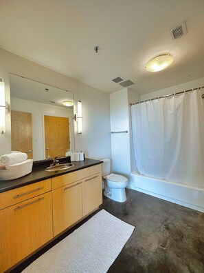 Hair dryer, towels, soap, toilet paper