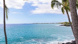 A coastal view with clear turquoise waters, palm trees, and a rocky shoreline. - Sea Village 3312: Oceanfront condo in Kailua-Kona, with stunning views! (Kailua-Kona)