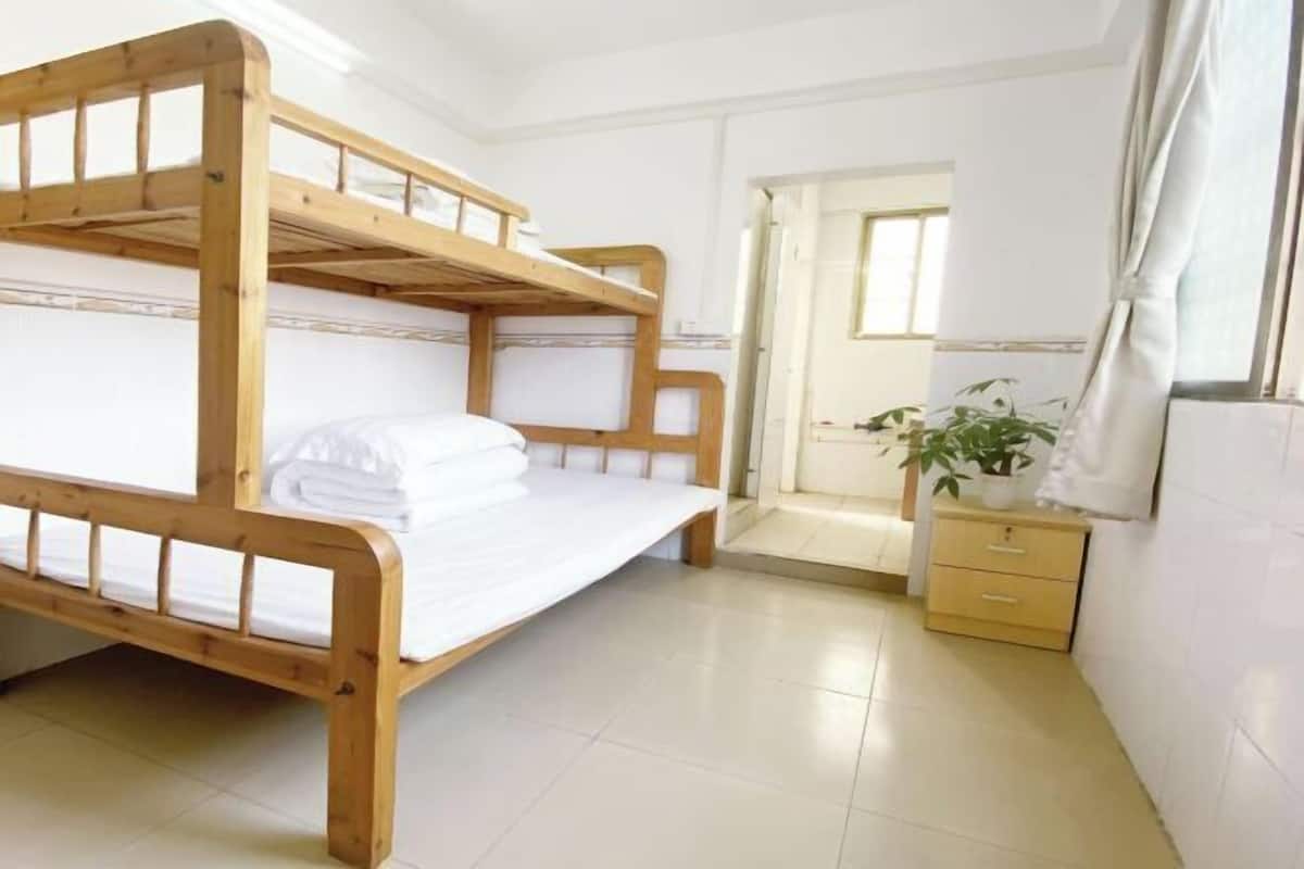 A bunk bed room with a wooden frame, a small bedside table with a plant, and a door leading to another room.