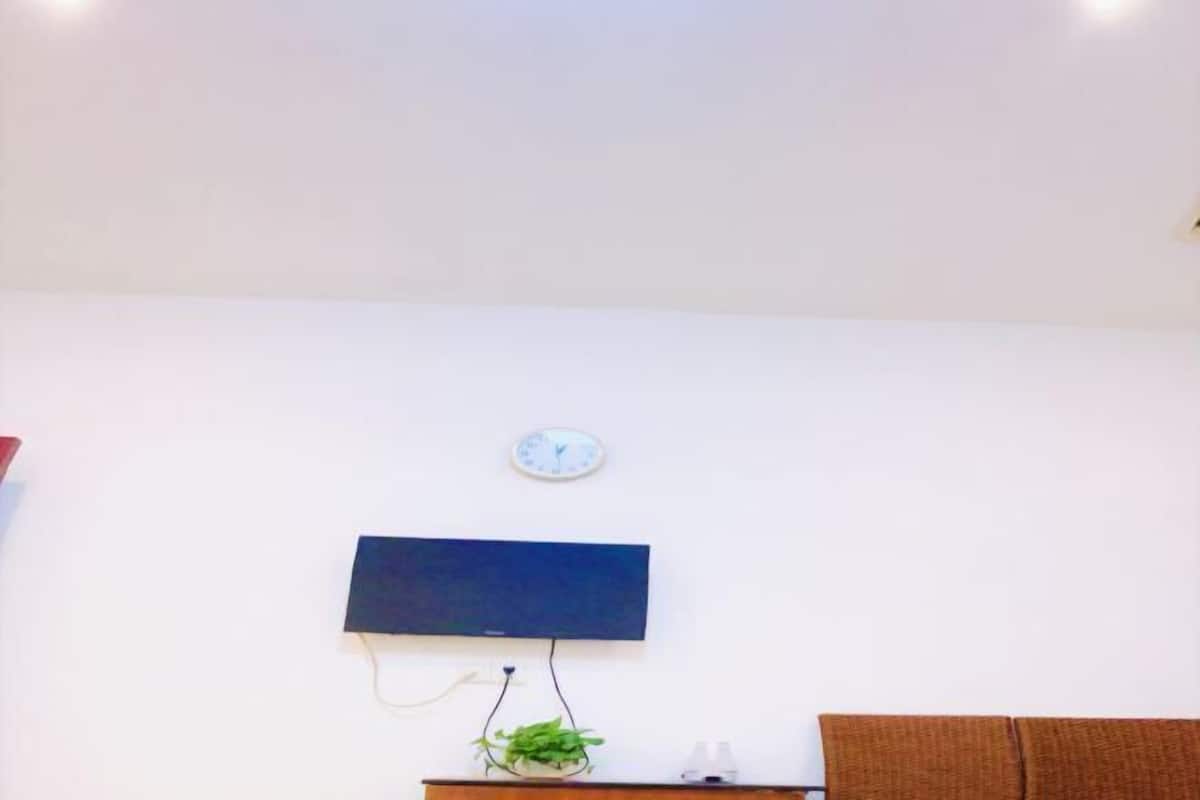 A room with a flat-screen TV mounted on the wall, a clock above it, and a small plant on a table.