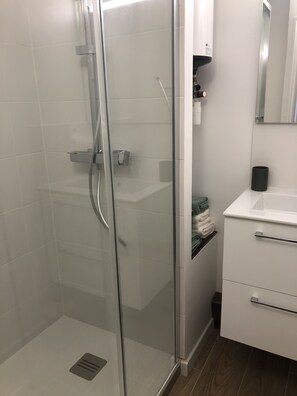 Dusj, hårføner, håndklær og såpe