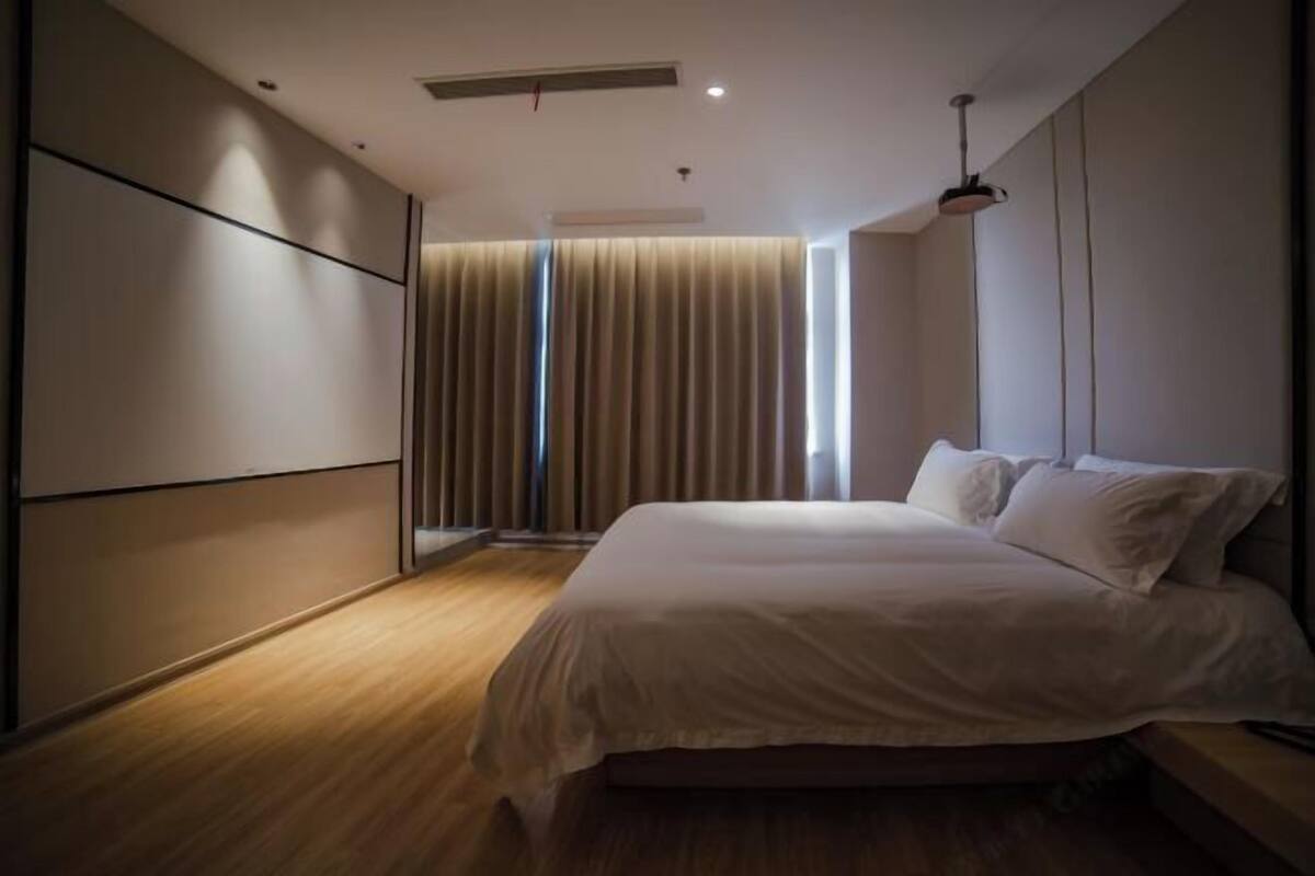 Un dormitorio moderno con una cama grande, una puerta corredera y una lámpara de techo.