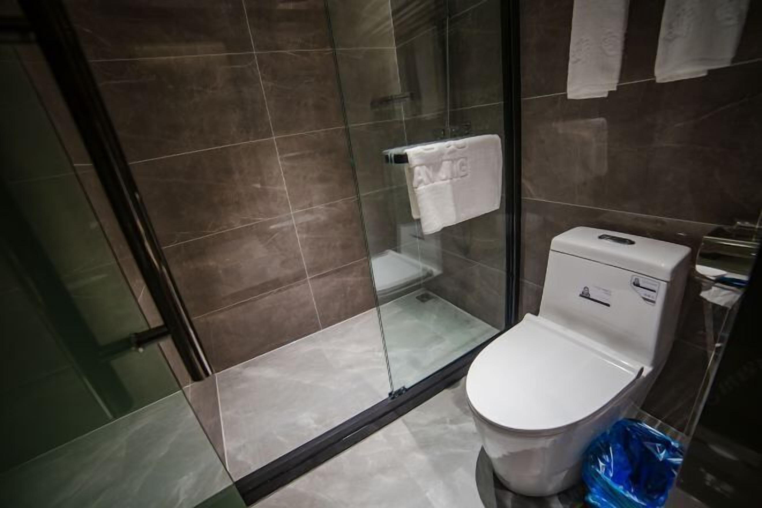 A modern bathroom with a glass-enclosed shower, a white toilet, and a visible trash bin.