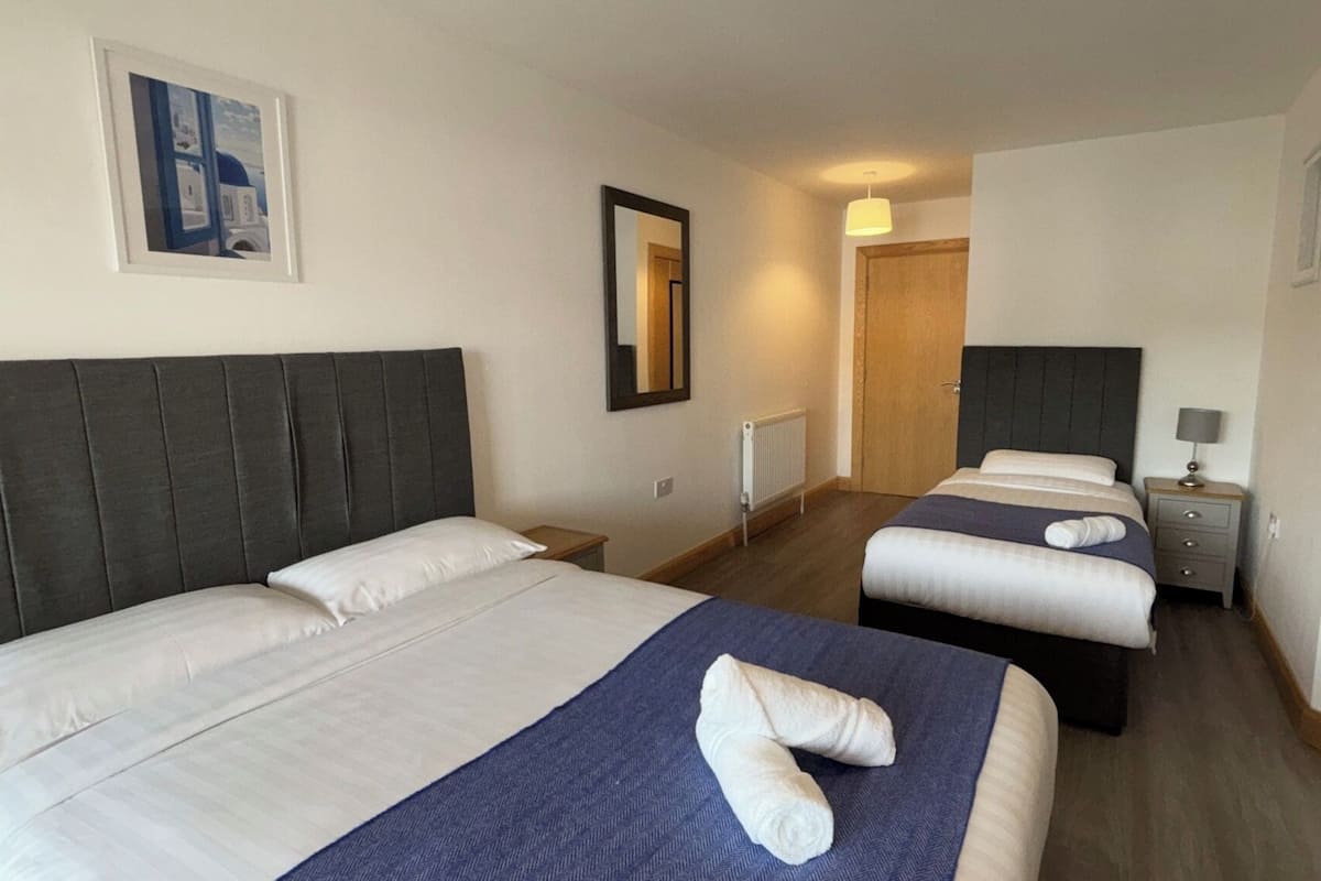 A hotel room with two beds, a mirror, a radiator, and a door.