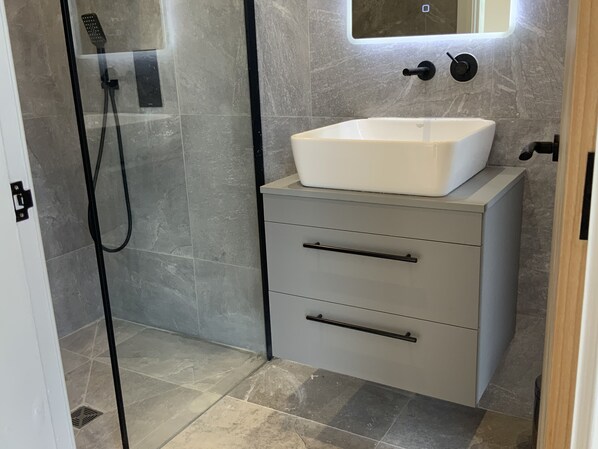 Hair dryer, towels, soap, toilet paper