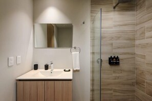 Shower, hair dryer, towels, shampoo