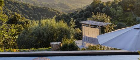 Een buitenzwembad, parasols bij het zwembad en ligstoelen